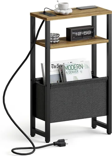 Miniatura 12 de Mesa auxiliar estrecha, mesa auxiliar delgada con estante para revistas, mesa auxiliar para espacios pequeños, mesa auxiliar de 3 niveles para sofá