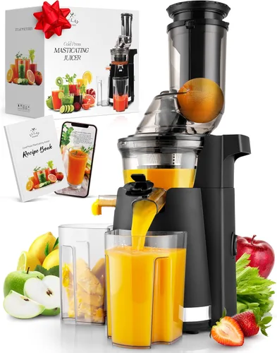 Zulay Kitchen Exprimidor de prensa en frío – Exprimidor de masticación lenta de alto rendimiento de jugo con canal de alimentación extra ancho de