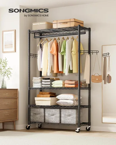 Miniatura 2 de SONGMICS ULGR418BH01 - Perchero de ropa con ruedas rodantes, con estantes de malla ajustables y rieles para colgar, ganchos, 15.8 x 35.4 x 78.3