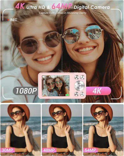 Miniatura 2 de Cámara digital 4K, cámara digital Wevoor de 64MP para apuntar y disparar con enfoque automático, zoom 18X, 20 filtros, tarjeta SD de 64 GB, batería