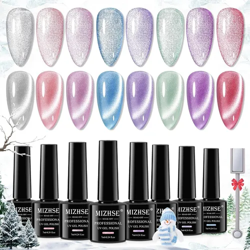 Miniatura 12 de MIZHSE - Juego de esmalte de uñas de gel de ojo de gato 9D de 8 colores, kit de esmalte de gel magnético mejorado con barra magnética, esmalte de A