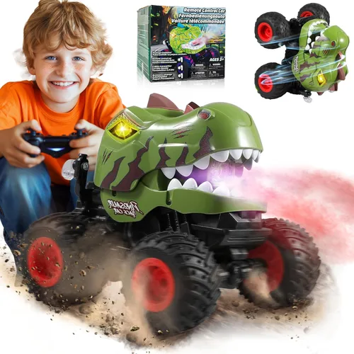 BEZGAR Juguetes de Camiones Monstruo - Camión Monstruo de Control Remoto con Aspersión, Luz, Música, Juguetes de Dinosaurios para Niños, Camión RC a