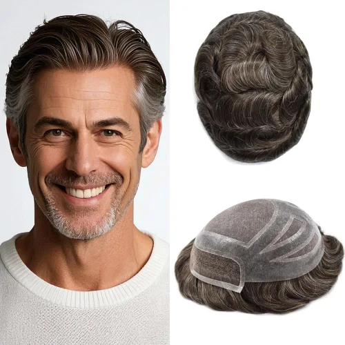 Miniatura 9 de Sistema de cabello frontal de encaje francés para hombres, tupé duradero para hombre, línea capilar natural, fino mono tupé para hombres, protesis