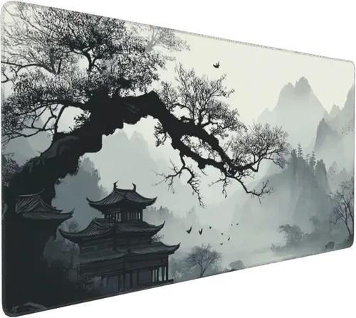 Miniatura 22 de Alfombrilla de mouse grande con diseño japonés de paisaje de edificios antiguos, alfombrilla de teclado para juegos extendida XXL, base de goma