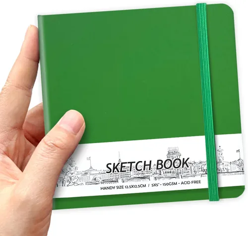 Miniatura 32 de Cuaderno de bocetos de bolsillo cuadrado de tapa dura de cuero PU de 5" x 5", 58 hojas de papel beige Dowling de 150 GSM, libro de bocetos de arte