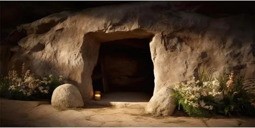 Miniatura 10 de Fondo de fotografía de tumba vacía de 6 x 4 pies, puesta de sol con luz sagrada, tres cruces en la montaña, Jesucristo, agujero de piedra, telón