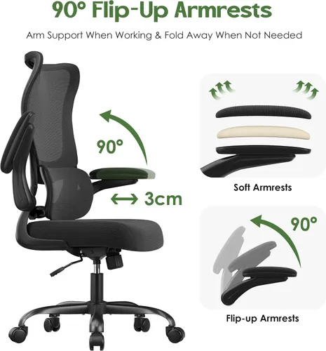 Miniatura 7 de Silla de oficina ergonómica - Silla de oficina cómoda de malla con respaldo alto con rueda de apoyo lumbar, sillas de oficina para el hogar, Negro