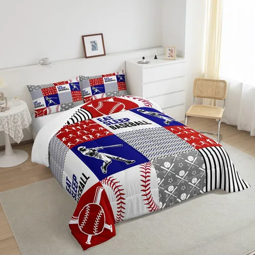 Miniatura 4 de Erosebridal Eat Sleep - Juego de edredón de béisbol para niños y jóvenes, tamaño King, suave para todas las estaciones, edredón de retazos de juego