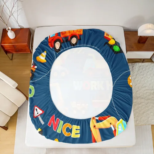 Miniatura 6 de Manfei Sábana bajera ajustable de dibujos animados para niños, tamaño individual, bonito juego de ropa de cama con excavadora, camión, tractor