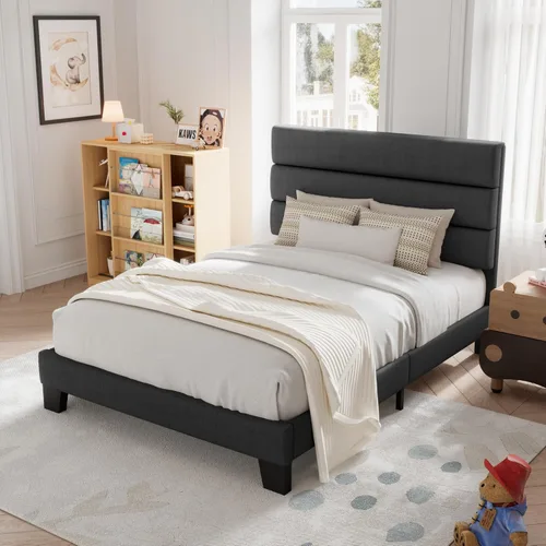 Miniatura 8 de Allewie Base de cama de plataforma de tamaño individual con cabecera tapizada de tela y soporte de listones de madera, base de colchón totalmente