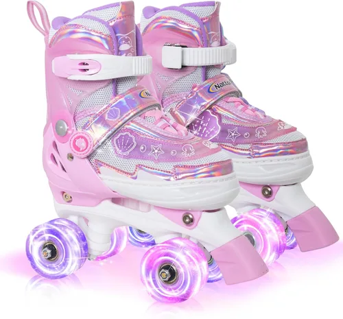 MammyGol Patines de Ruedas para Niñas Niños, 4 Tamaños Ajustables Patines Cuádruples para Niños Pequeños Interiores Exteriores Edades 3-8, Rosa Azul