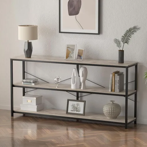Mesa consola industrial de 71 pulgadas detrás del sofá, mesa de sofá extra larga con estantes de almacenamiento de madera de 3 niveles, mesa de TV