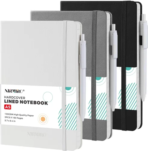 Miniatura 27 de Paquete de 3 cuadernos rayados con bolígrafo, cuadernos A5 (5.7 x 8.4 pulgadas) de tapa dura de cuero para mujeres y hombres, trabajo, 160 páginas