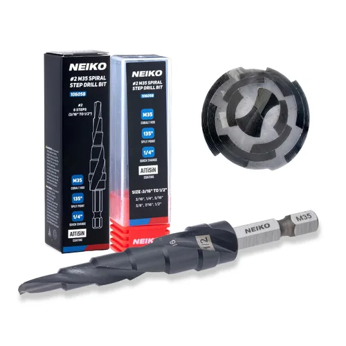 Miniatura 44 de NEIKO 10602B Step Drill Bit, 13 Steps 1/8" to 1/2" Spiral M35 Cobalt, AlTiSiN Coated, 1/4" Quick Change Step Bits for Steel, Metal, Wood, Plastic