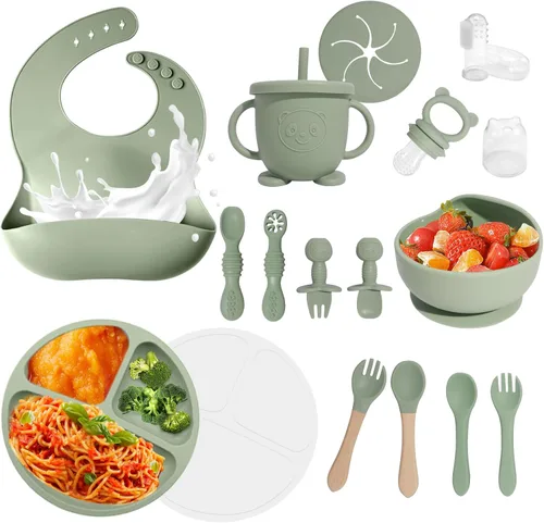 Suministros de destete dirigido por el bebé, juego de alimentación de silicona de 17 piezas sin BPA, utensilios esenciales para comer para bebés con