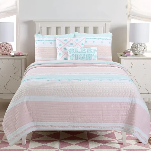 Miniatura 20 de Cozy Line Home Fashions Juego de ropa de cama acolchado reversible de niña con volantes rosa claro y azul de 100% algodón, colcha, cubrecama