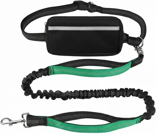 Miniatura 8 de Correa para perro manos libres con cinturón y bolsa grande con cremallera, correa de cintura para pasear perros, correr y senderismo, costuras Negro