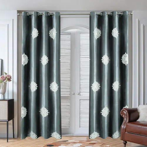 Miniatura 10 de VOGOL Cortinas opacas bordadas para sala de estar, paneles de cortina de terciopelo azul para dormitorio, 52 x 63 pulgadas, 2 paneles