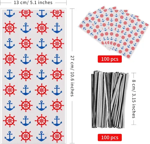 Miniatura 2 de Lecpeting 100 bolsas náuticas para golosinas, anclas, estampado de rueda, bolsas de celofán, regalos de fiesta náutica con lazos giratorios