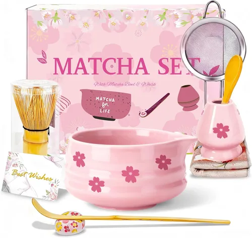 Miniatura 9 de Juego de batidor de matcha rosa con cuenco matcha, 8 piezas lindo juego de matcha, kit completo de fabricación de matcha, soporte para batidor