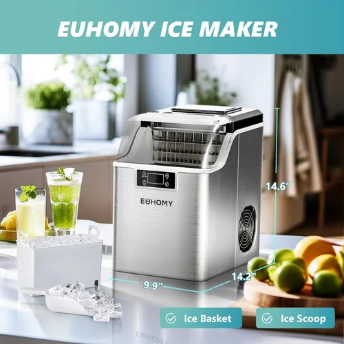 Miniatura 9 de EUHOMY Máquina para hacer cubitos de hielo de encimera, 2 maneras de añadir agua, 45 libras/día, 24 piezas listas en 13 minutos, compacta portátil