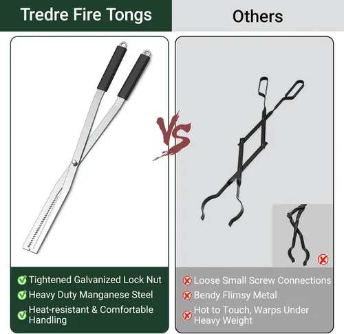 Miniatura 7 de Tredre Juego de pinzas de fuego y póquer de fuego, herramientas de acero inoxidable para exteriores, pinzas de chimenea de alta resistencia