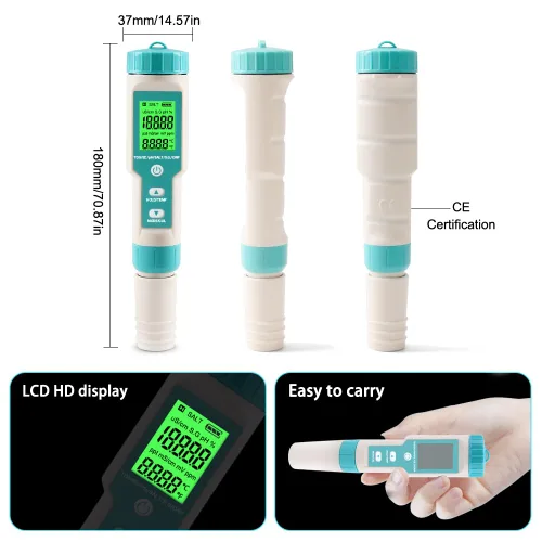 Miniatura 5 de Medidor de pH para agua 7 en 1 pH/TDS/EC/Sal/P.G/ORP/Temperatura, probador de pH digital retroiluminado impermeable LCD, medidor de TDS medidor EC