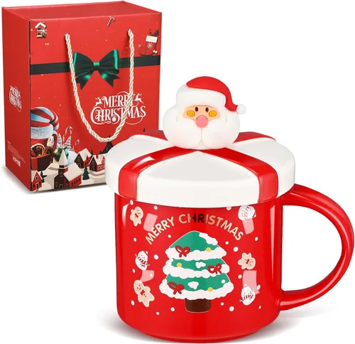 Tazas de Navidad de Suttmin con tapa y cuchara, tazas de café de Navidad de porcelana, lindas tazas de té de Santa de cerámica con caja de regalo