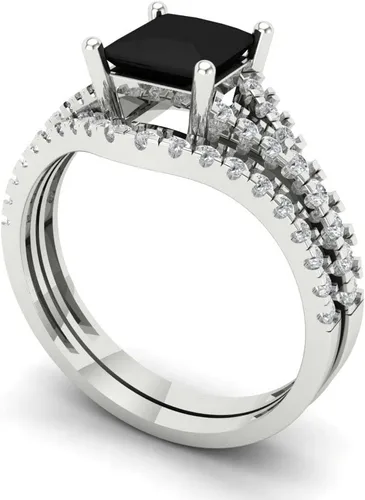 Miniatura 2 de Anillo de compromiso de ónix negro natural con grabado personalizado de corte princesa de 2.01 quilates para boda, juego de novia curvado, oro