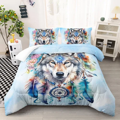 Miniatura 17 de AILONEN Juego de edredón con cabeza de lobo impresa tamaño individual, juego de ropa de cama de lobo para la noche para niños y hombres, juego