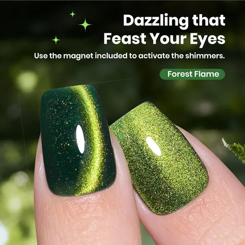 Miniatura 7 de Beetles Forest Flame - Esmalte de uñas de gel verde ojo de gato, 0.5 onzas líquidas, esmalte de gel verde ojo de gato con purpurina magnética H