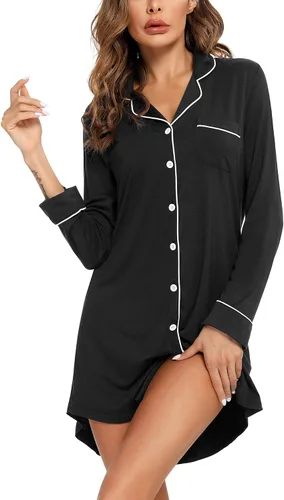 Miniatura 109 de Samring Camisón de pijama para mujer, manga corta/larga, con botones, camisón para dormir, camisón para novio, talla XXL