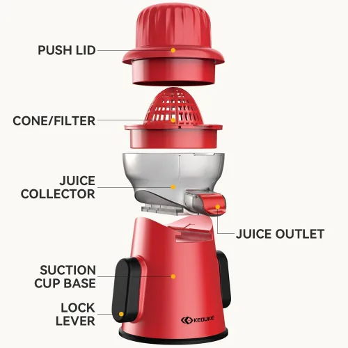 Miniatura 6 de KEOUKE Exprimidor manual de cítricos Torre Roja – Desmontable con almacenamiento de jugo, base de succión antideslizante, fácil de limpiar, incluye