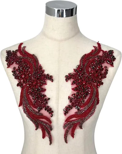Apliques de Ropa DIY con Cuentas y Pedrería Hechos a Mano, Aplique con Cuentas para Decoración de Vestido de Novia, Aplique de Flores Oro Vino