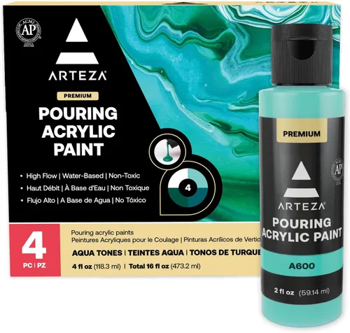ARTEZA Juego de 4 colores de pintura acrílica para vertido, botellas de 4 onzas, tonos aguamarina, pintura acrílica de alto flujo, suministros de