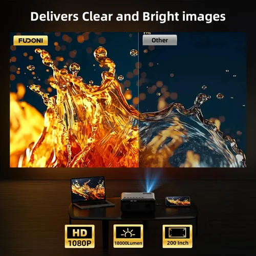 Miniatura 11 de FUDONI Proyector con WiFi y Bluetooth 4K compatible, proyectores de películas para exteriores mejorados de 18000L para exteriores Native 1080P FHD