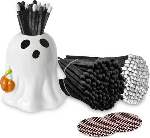 Miniatura 14 de Fósforos naranja y negro de 4 pulgadas y fantasma de Halloween + calcomanías de Striker incluidas. 100 coincidencias decorativas de seguridad con un