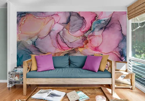 Miniatura 7 de Mural de pared abstracto con diseño de tinta de alcohol. Diseño de ágata (patrón de color rosa, azul y dorado) Papel tapiz removible para despegar
