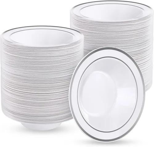 Miniatura 10 de Goodluck Paquete de 50 cuencos de plástico con borde rojo, cuencos de sopa desechables de 12 onzas, cuencos de postre resistentes para bodas