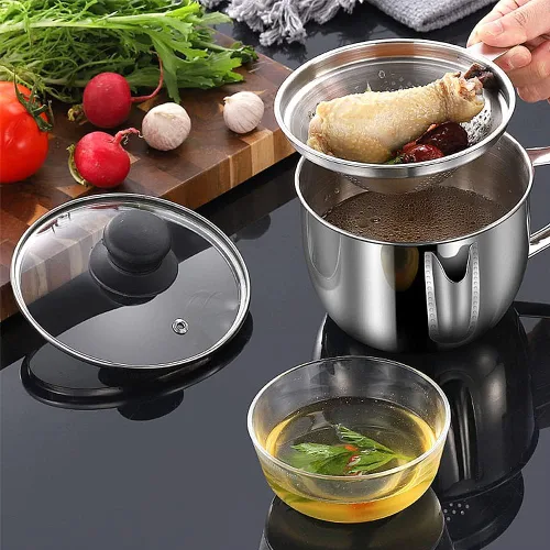 Miniatura 4 de Separador de grasa de acero inoxidable para 4 tazas/33.8 fl oz, separador de grasa con colador y tapa de vidrio, taza separadora de aceite de sopa