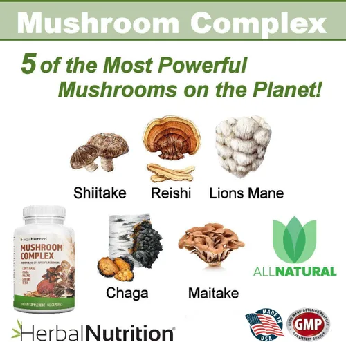 Miniatura 3 de Herbal Nutrition Complejo de hongos de 700 mg a 1400 mg. Los 5 hongos más potentes - Melena de león, Reishi, Chaga, Maitake, Shiitake - Apoya