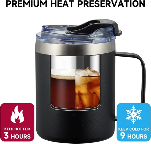 Miniatura 4 de Taza de café aislada de 12 onzas con asa, taza de café de viaje de acero inoxidable con tapa abatible, vaso de café de doble pared con aislamiento