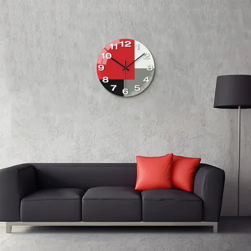 Miniatura 6 de WISKALON Reloj de pared abstracto de cristal geométrico de 12 pulgadas en blanco, gris, rojo y negro, funciona con pilas, reloj de cuarzo silencioso
