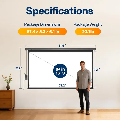 Miniatura 8 de VIVOHOME Pantalla de proyector motorizada 16:9 de 84 pulgadas con control remoto, pantalla de proyección eléctrica automática, pantalla de cine HD