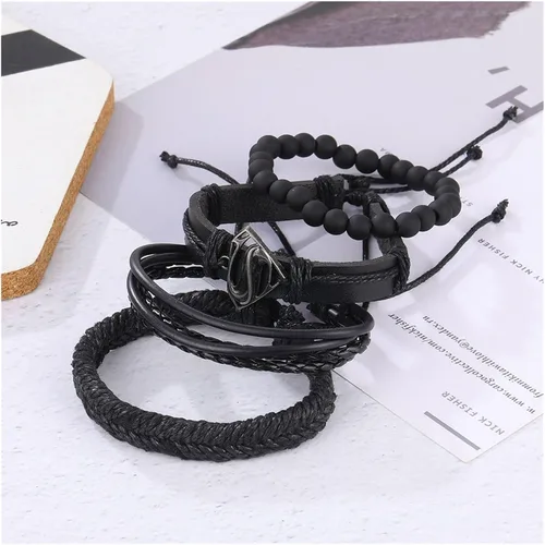 Miniatura 3 de Pulsera de cuentas vintage para hombre, pulsera de cuero triángulo hueco de moda, pulsera multicapa ancha envuelta para hombres