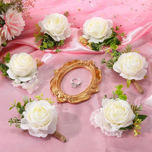 Miniatura 6 de Sherr Juego de 60 piezas de ramillete de rosas y boutonniere, rosa marfil, pulsera de flores para novia, dama de honor, ramillete para novio