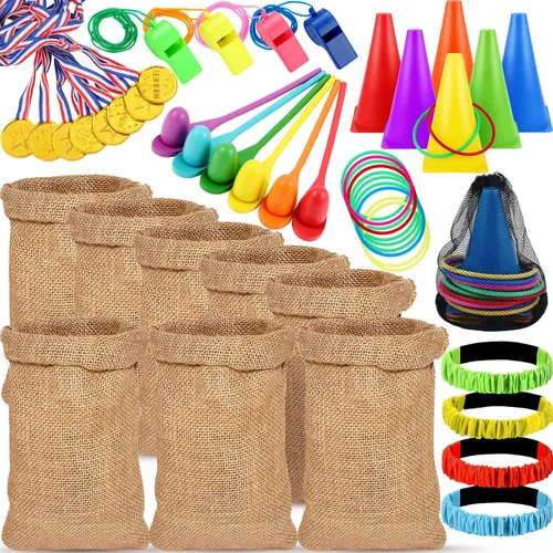 Juego de 51 piezas de carnaval al aire libre, sacos de patatas, bolsas de carreras de 3 patas, bandas de carreras de huevos y cucharas, juego de