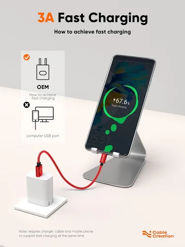 Miniatura 4 de CableCreation - Paquete de 2 cables USB A a USB C de 0.5 pies, carga rápida de 3A y sincronización de datos de 480 Mbps, rojo, compatible