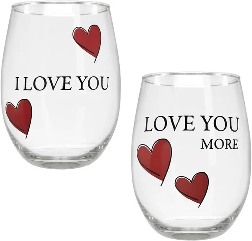 Miniatura 12 de BANBERRY DESIGNS Lover's - Juego de 2 copas de vino sin tallo "Love You More" con corazones decorativos, copas de vino románticas para él