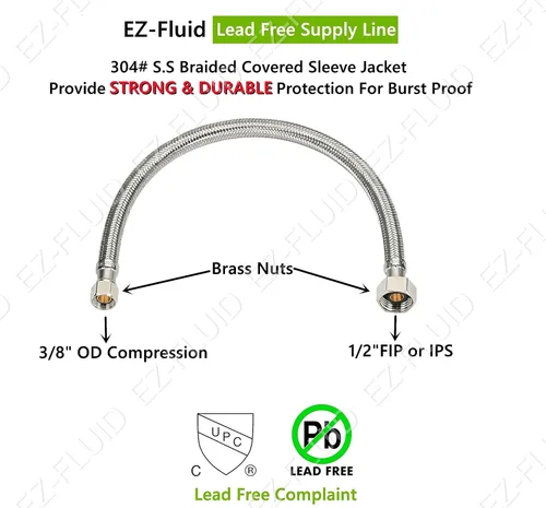 Miniatura 3 de EZ-Fluid (1) Línea de suministro de agua de 9 pulgadas, Fip de 1/2 pulgadas x 3/8 pulgadas Comp LF, tuercas de latón, conector de línea
